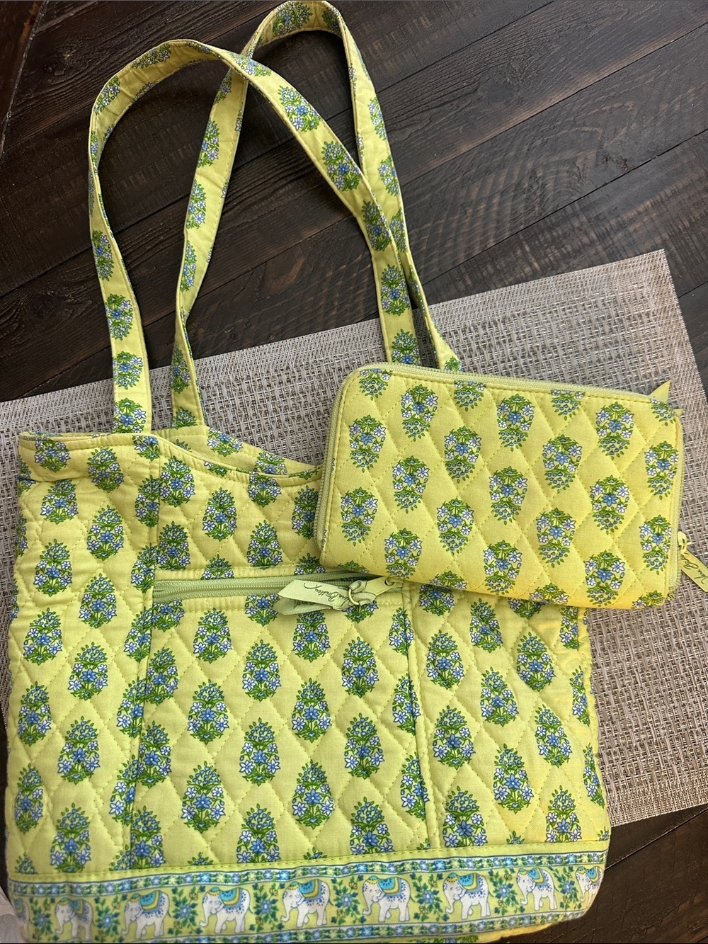 Vera Bradley Yellow Floral Quilted Tote with Matching Zip Pouch